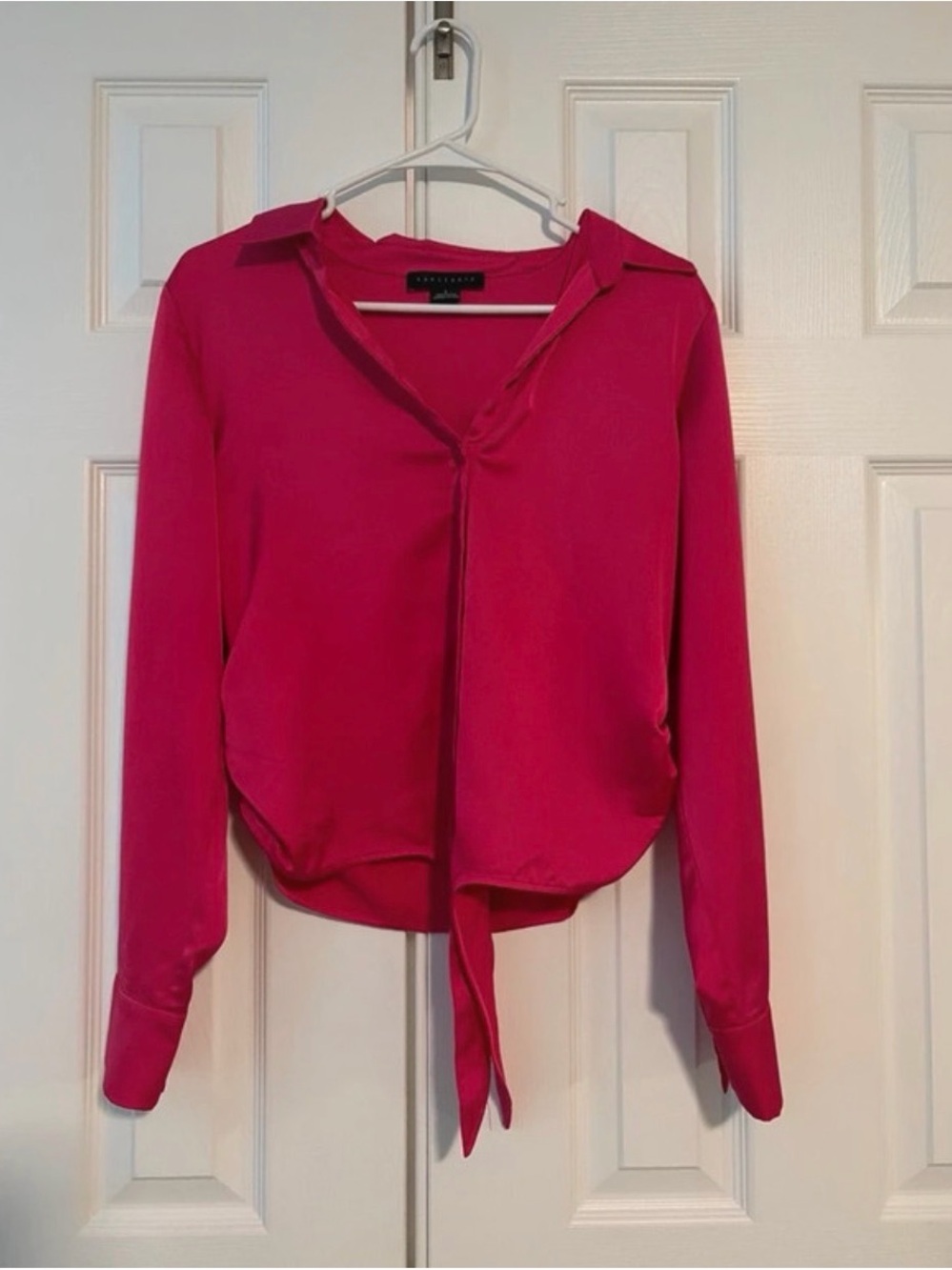 Hot Pink Tie-Front Long Sleeve Blouse
